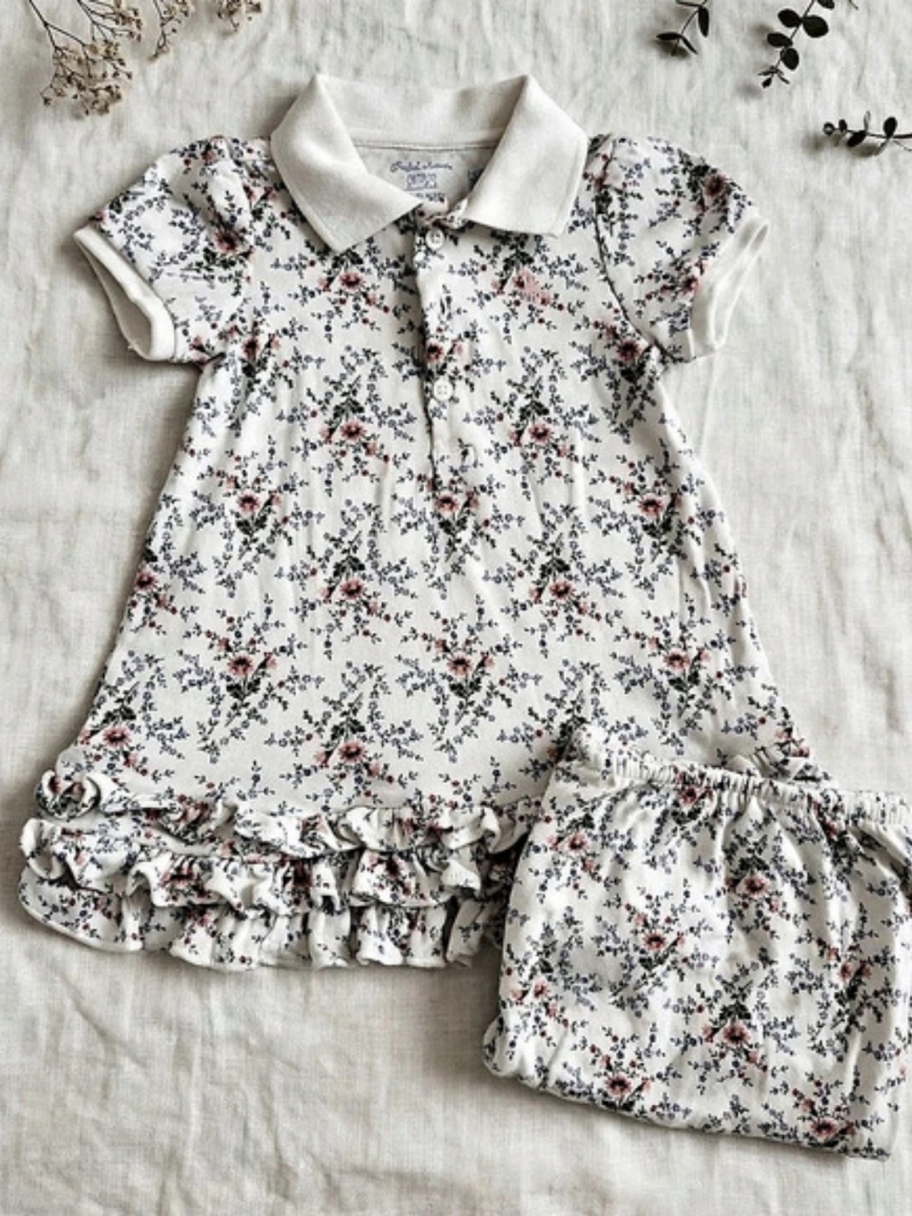 Ralph Lauren Floral Cotton Polo Dress & Bloomer Set Cream & Blue Baby 6M
